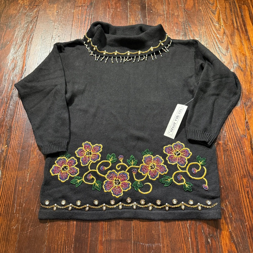 Vintage Victoria Jones Sweater Women L Black Beaded Floral Mock Neck NOS